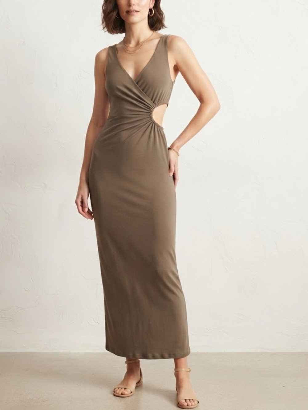 Zara Olive Brown Twist Cutout Backless Maxi Dress